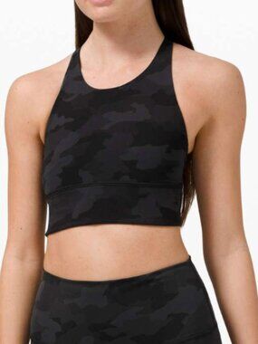 Lululemon Free To Be Bra Wild High Neck Long Line in Heritage 365 Camo Deep Coal